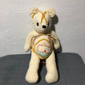 Vintage 90s Chenille Teddy Bear with Bow and Rose Embellished Nightgown
